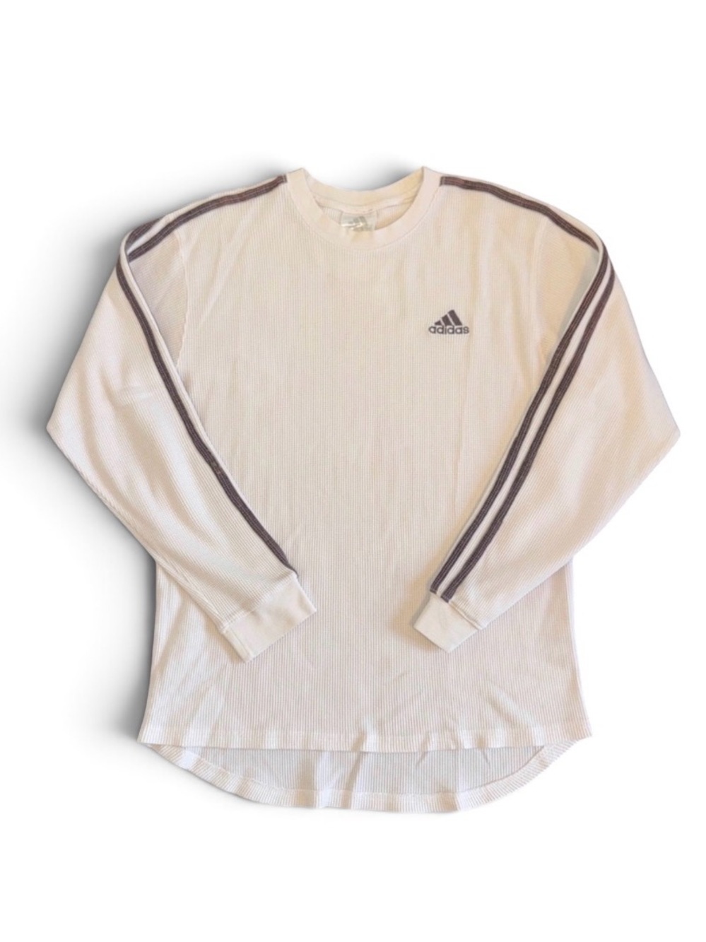 ADIDAS MENS SHIRT WAFFLE KNIT THERMAL LONG SLEEVE WHITE BLACK 3 STRIPES MEDIUM